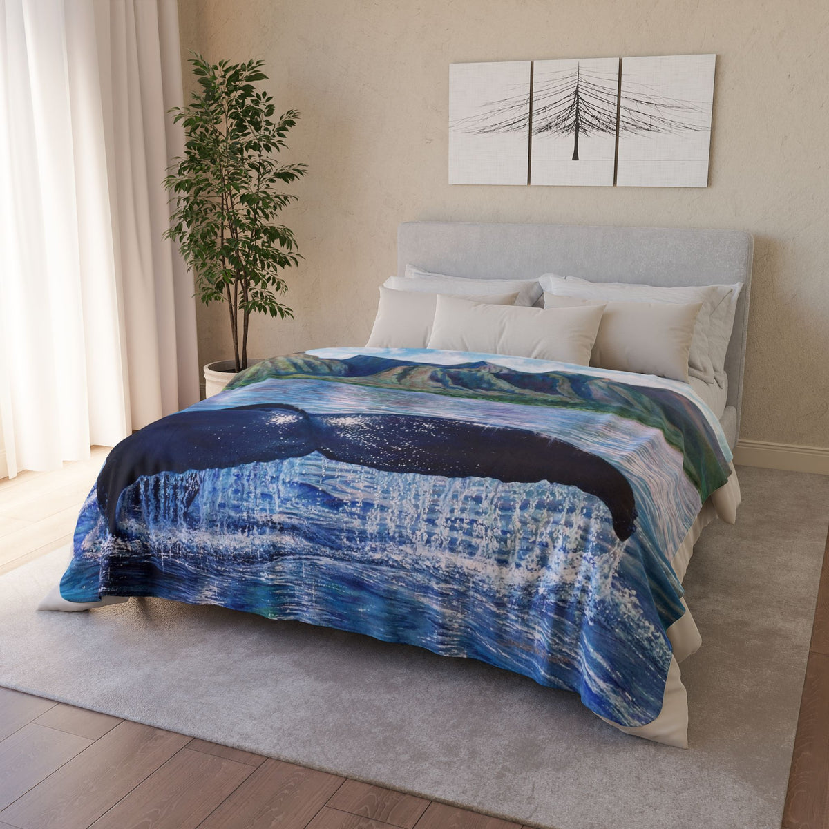 Whale Tail Sherpa Blanket — Coastal Ocean Scenic Fleece Throw