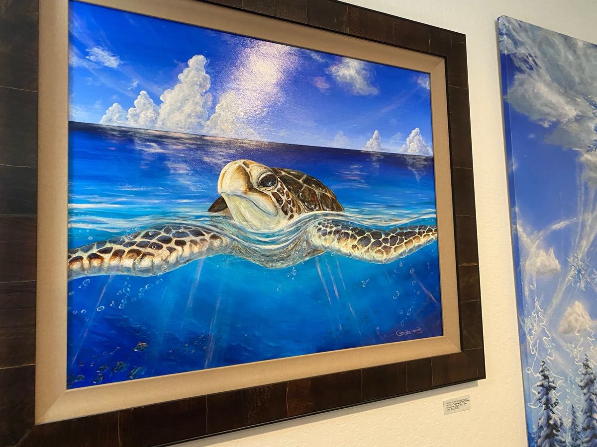 Peace of the Tropics original honu oil painting displayed at Kauaʻi Christie’s Art Gallery