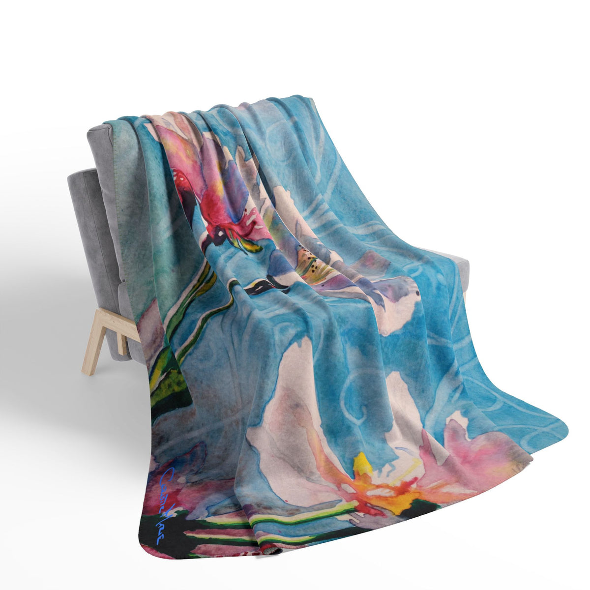 Floral Watercolor Sherpa Blanket — Blue Blossom Cozy Throw