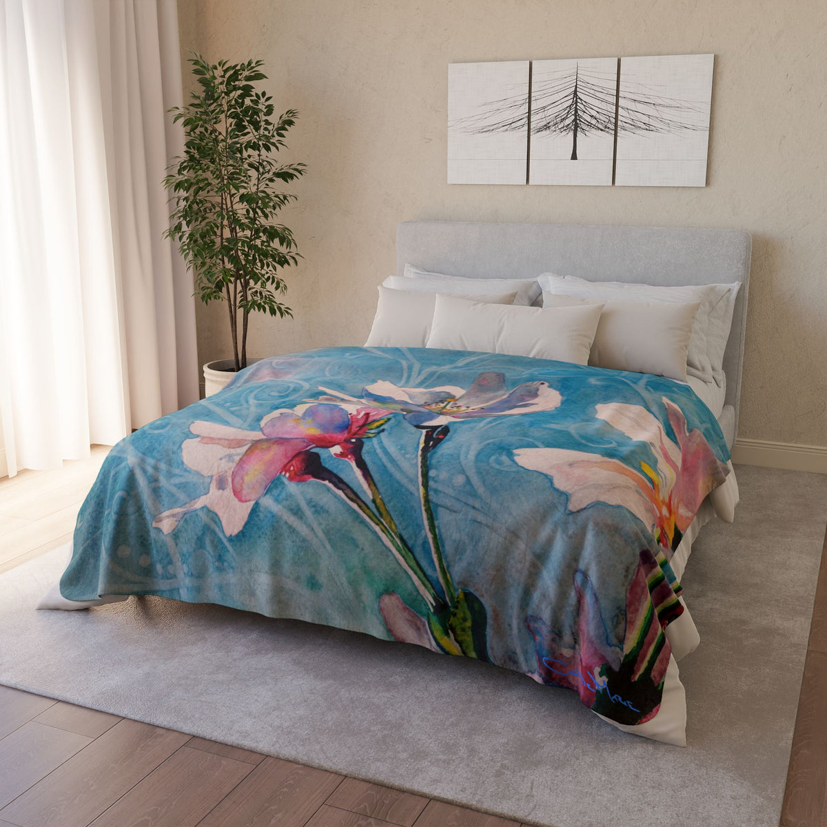 Floral Watercolor Sherpa Blanket — Blue Blossom Cozy Throw