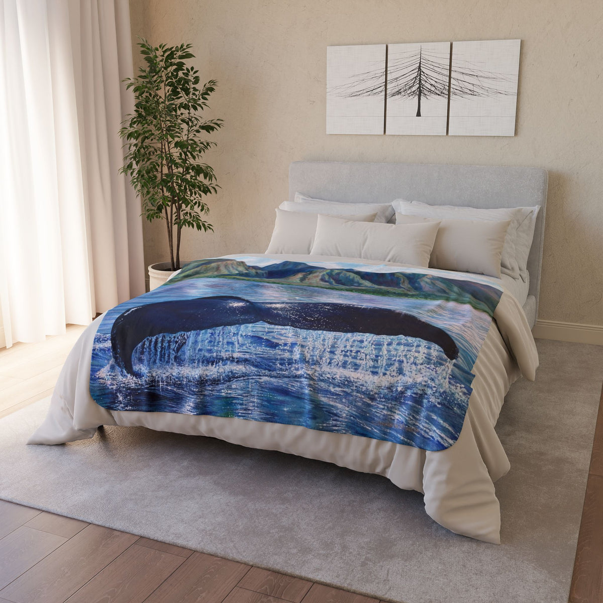 Whale Tail Sherpa Blanket — Coastal Ocean Scenic Fleece Throw