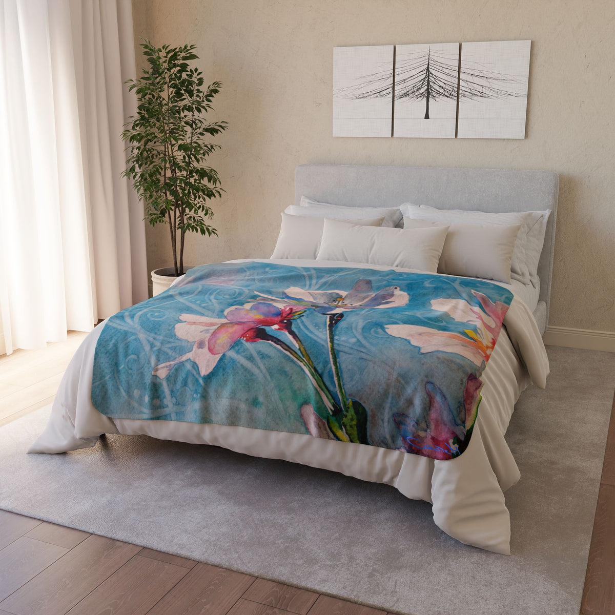 Floral Watercolor Sherpa Blanket — Blue Blossom Cozy Throw
