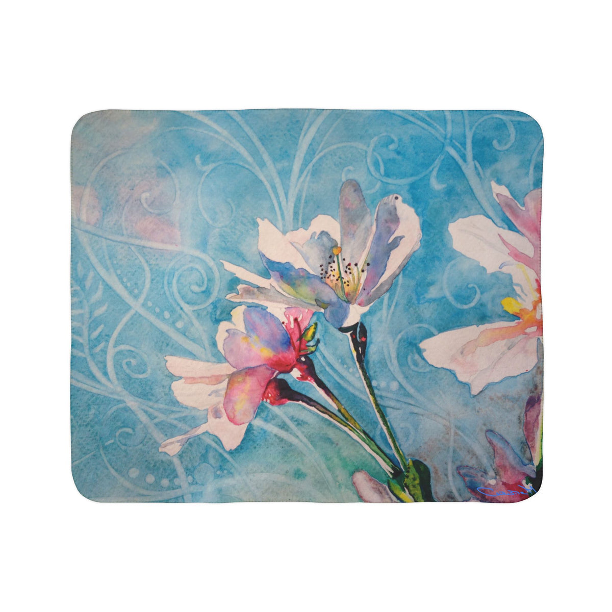Floral Watercolor Sherpa Blanket — Blue Blossom Cozy Throw