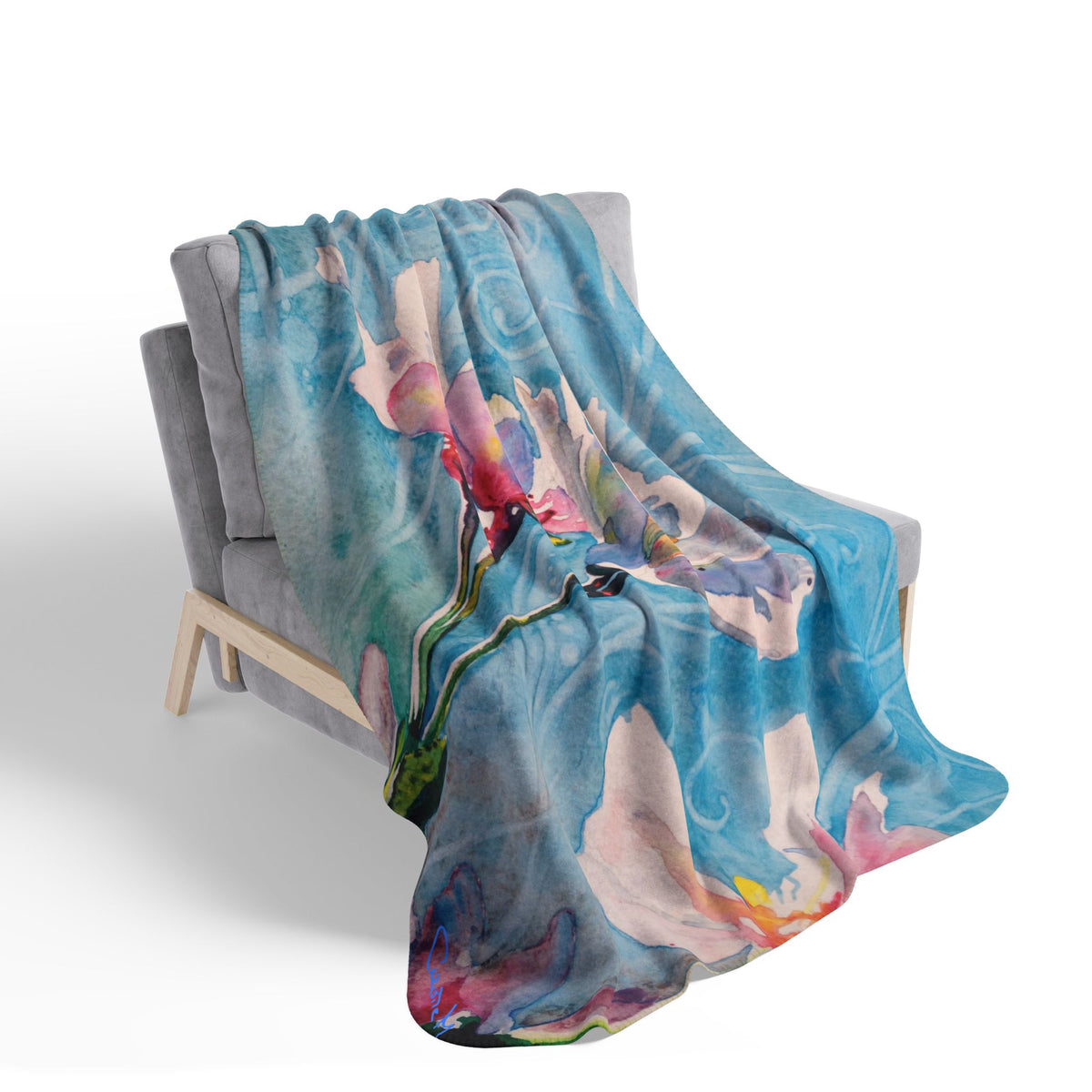 Floral Watercolor Sherpa Blanket — Blue Blossom Cozy Throw