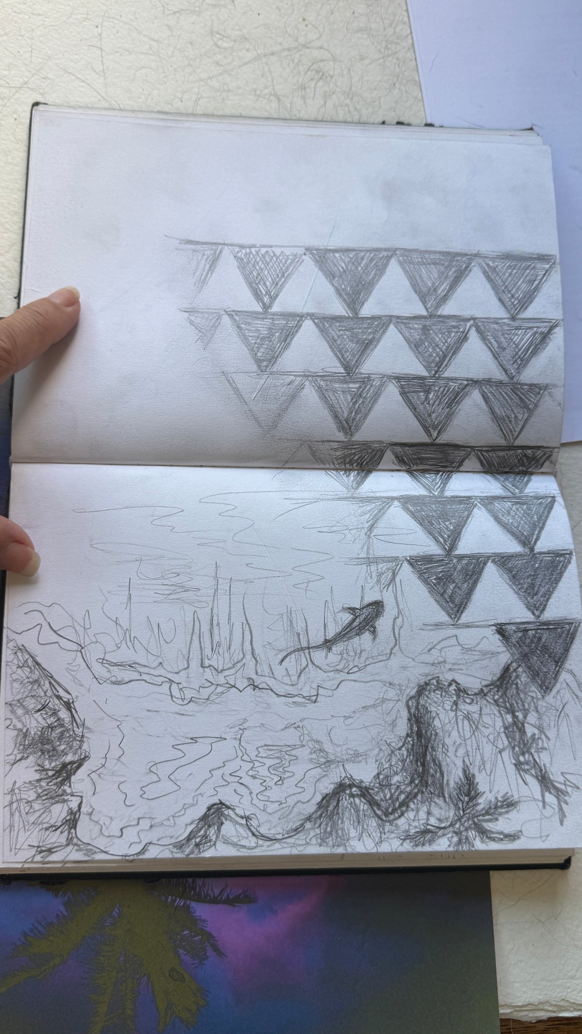 Original sketchbook study for Mano Niho showing the tiger shark, rocky shoreline and geometric pattern composition