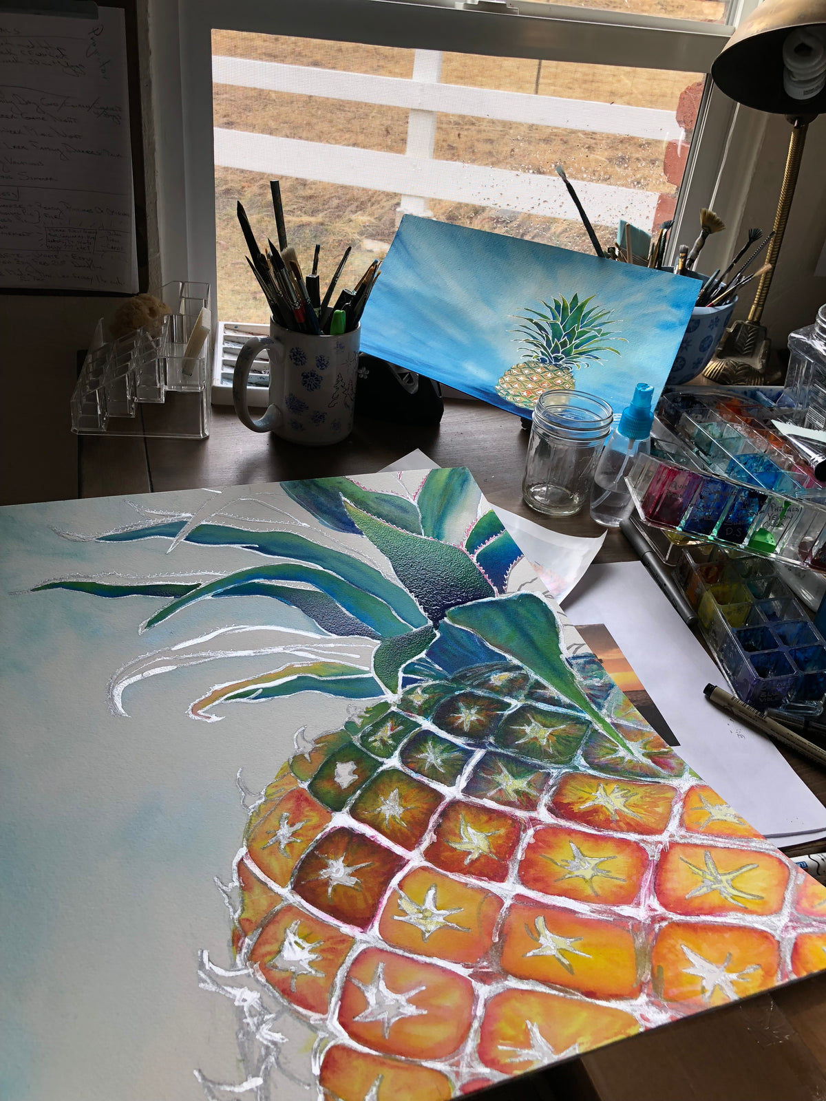 Christie Marie Elder studio process while creating the Silver Lining pineapple watercolor Sweet Welcome