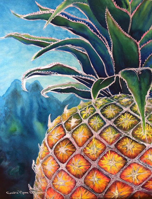 Sweet Welcome pineapple watercolor with tropical foliage, mountain landscape and metallic silver details
