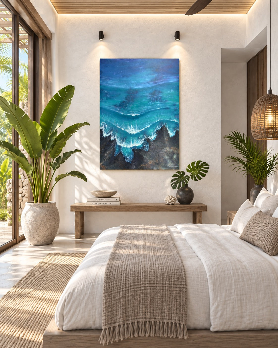 Interior visualization of Nalu me nā Nalu displayed in an airy contemporary coastal bedroom