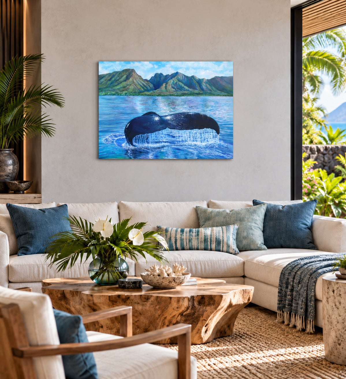 Sanctuary humpback whale artwork shown as a horizontal metal print in a coastal tropical interior