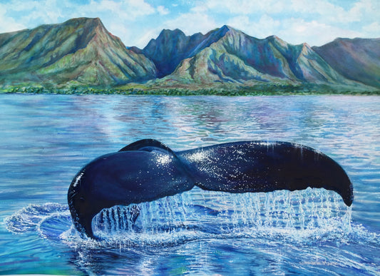 Sanctuary watercolor by Christie Marie Elder featuring a humpback whale fluke off Lahaina, Maui
